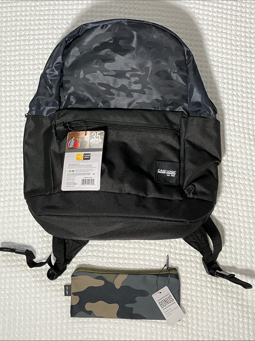 Case Logic Black Backpack with Grey Camo Accent and Bonus Pouch